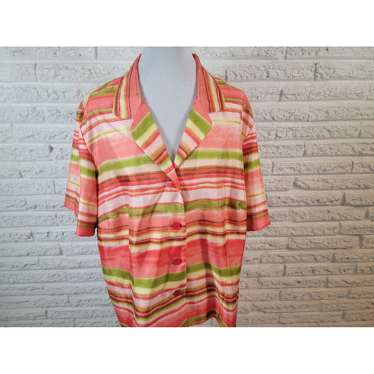 Sag Harbor Women Shirt 24W Short Sleeve Pink Stripe Collar Polyester Button Up
