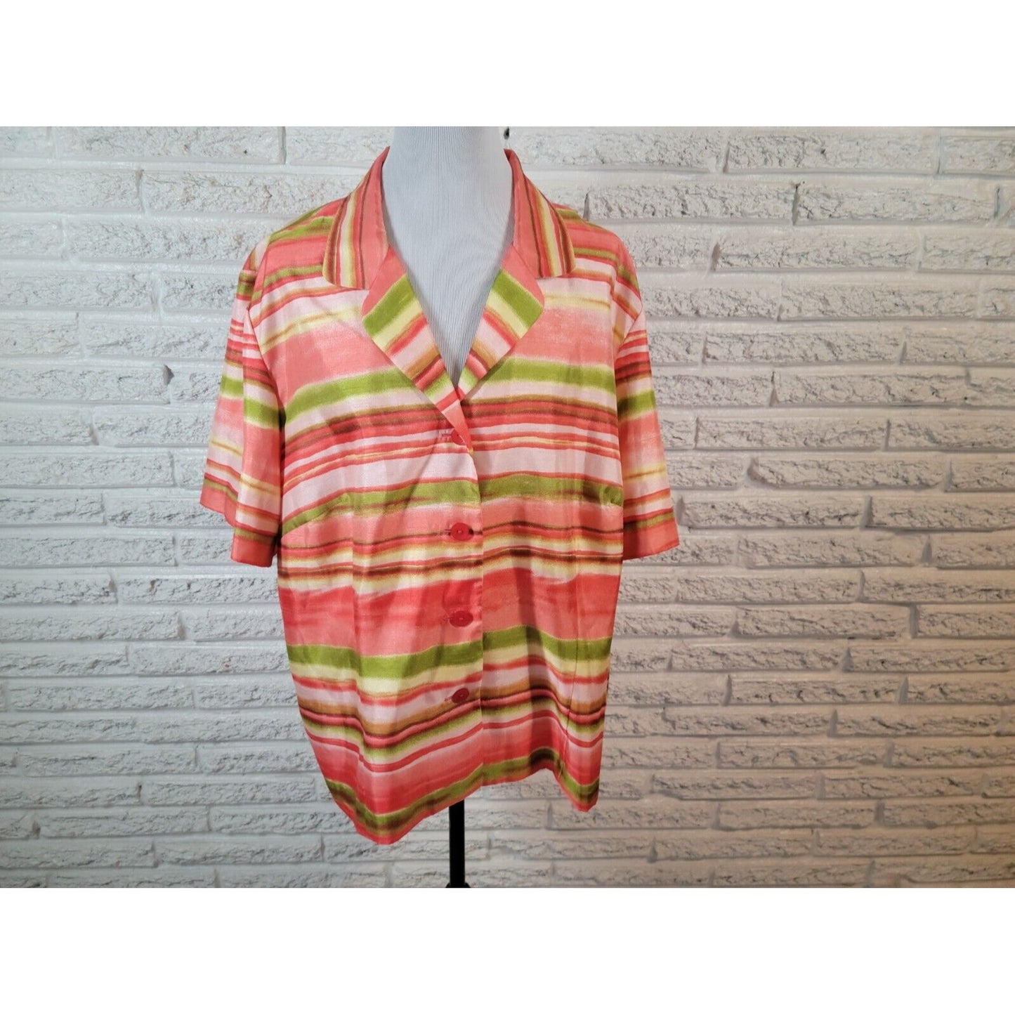 Sag Harbor Women Shirt 24W Short Sleeve Pink Stripe Collar Polyester Button Up