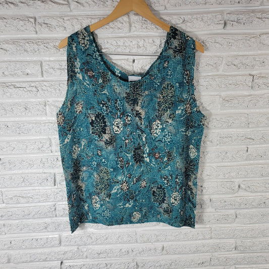 Kim Rogers Womens Top 1X Plus Sleeveless Blue Black Floral Thin Crinkle Crepe