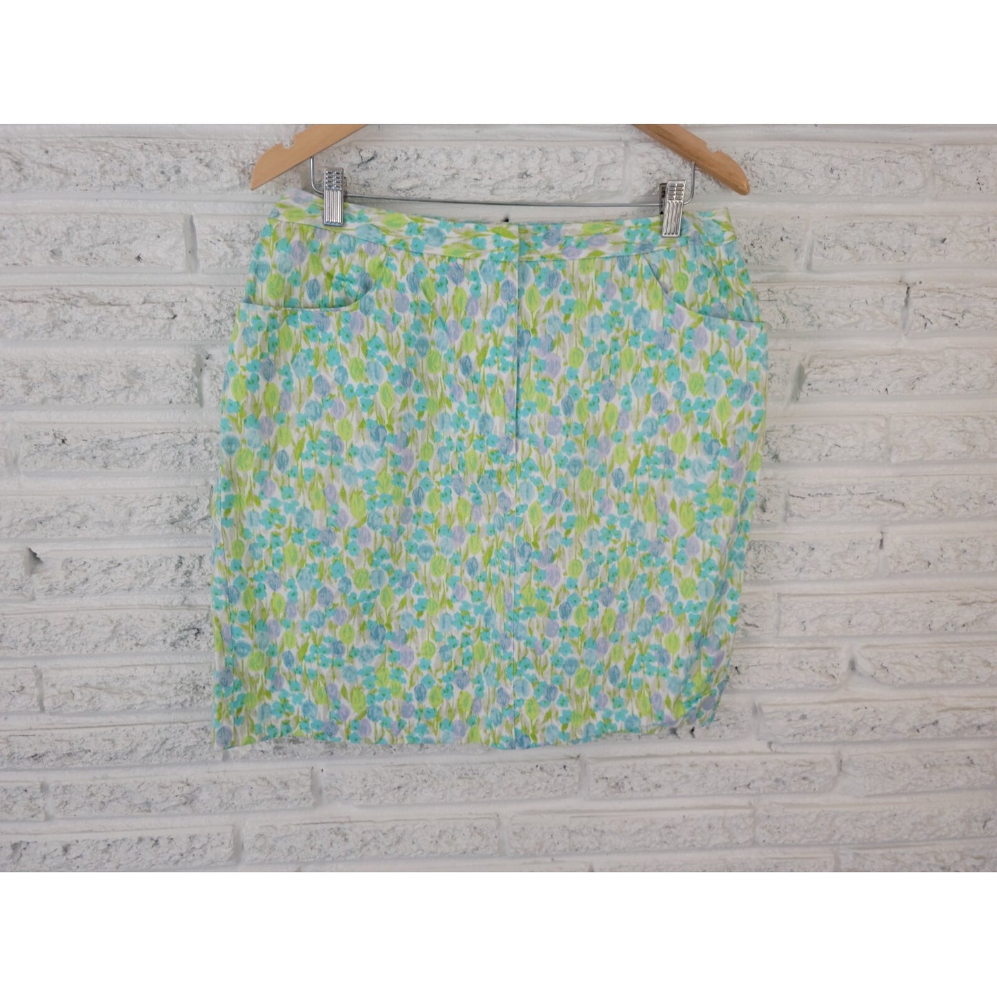 Liz Claiborne Lizsport Womens Skirt 16 Mini Pencil Straight Blue Floral Cotton