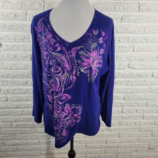 Just My Size Womens Top 2X Plus Tee Long Sleeve Blue Floral Glitter Cotton Comfy