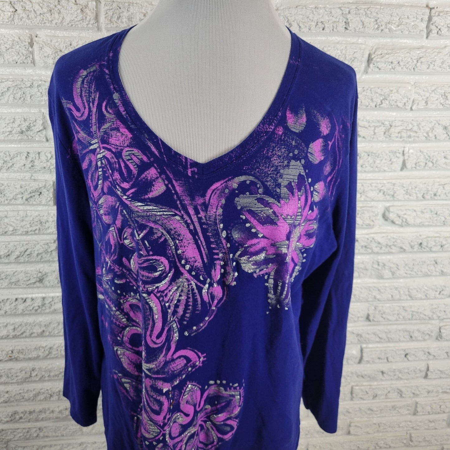 Just My Size Womens Top 2X Plus Tee Long Sleeve Blue Floral Glitter Cotton Comfy