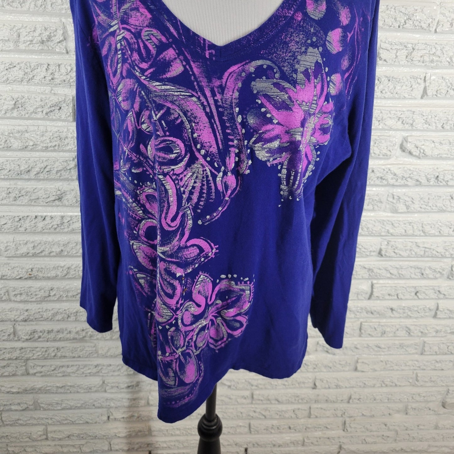 Just My Size Womens Top 2X Plus Tee Long Sleeve Blue Floral Glitter Cotton Comfy