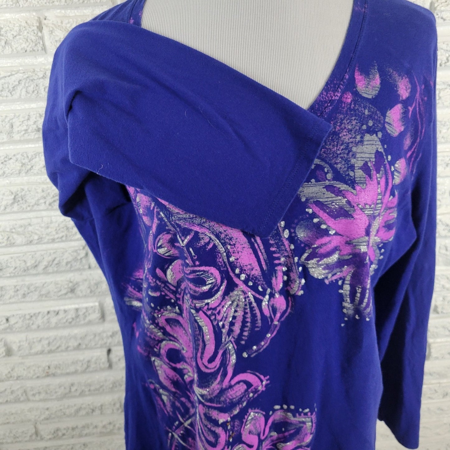 Just My Size Womens Top 2X Plus Tee Long Sleeve Blue Floral Glitter Cotton Comfy