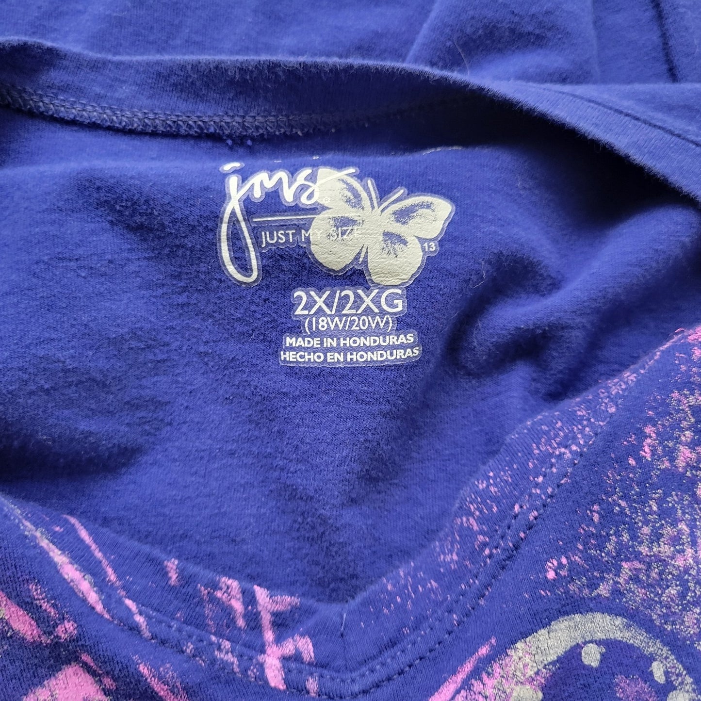 Just My Size Womens Top 2X Plus Tee Long Sleeve Blue Floral Glitter Cotton Comfy