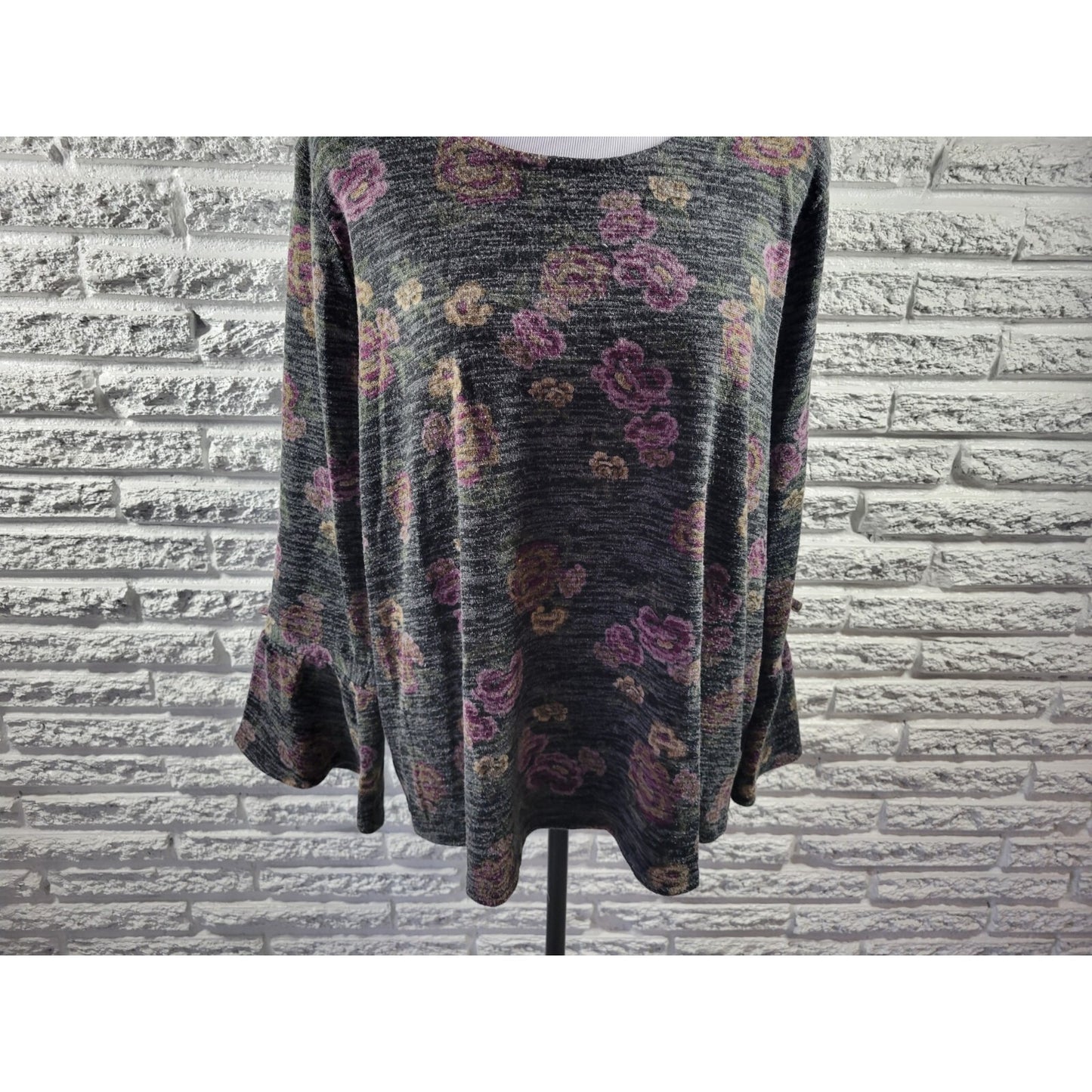 Style & Co Womens Top 2X Plus Knit Bell Tied Sleeves Poly Blend Purple Floral