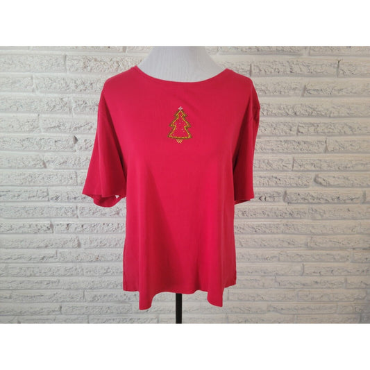 Christmas Bay Studio Women Top 2X Short Sleeve Tree Knit Cotton Rhinestone Red