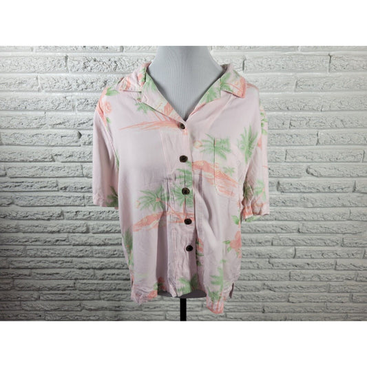 CJ Banks Womens Top X Short Sleeve Pink Tropical Rayon Collar Button Up Casual