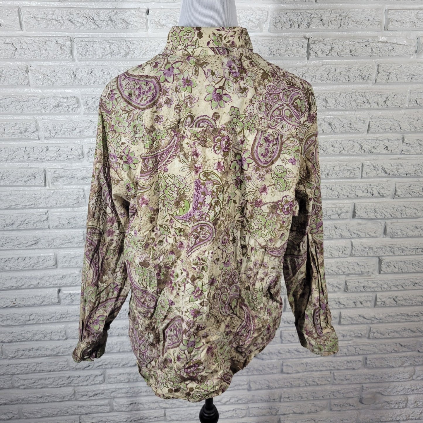 Charter Club Womens Top 20W Plus Long Sleeve Green Paisley Floral Cotton Pintuck