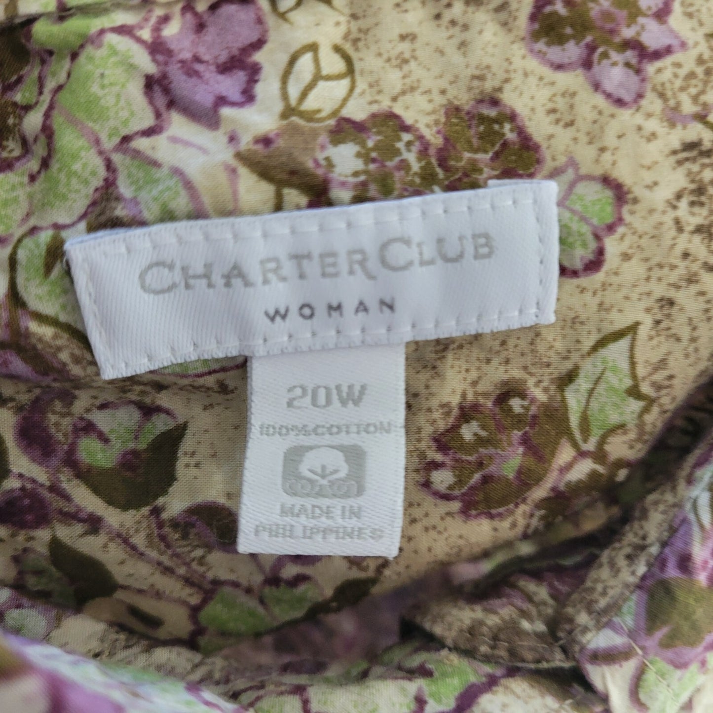 Charter Club Womens Top 20W Plus Long Sleeve Green Paisley Floral Cotton Pintuck
