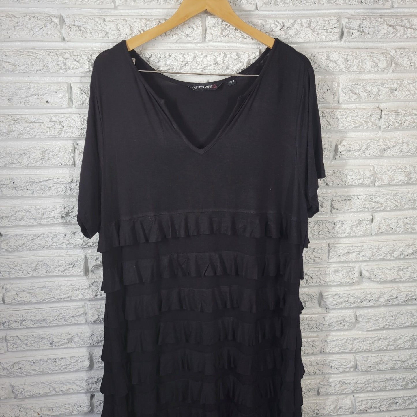Colleen Lopez Women Dress 1X Plus Short Sleeve Black Tiered Rayon Blend Casual