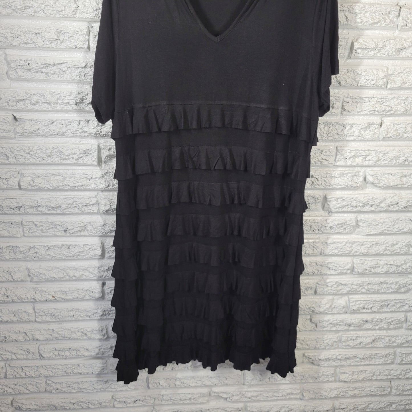 Colleen Lopez Women Dress 1X Plus Short Sleeve Black Tiered Rayon Blend Casual