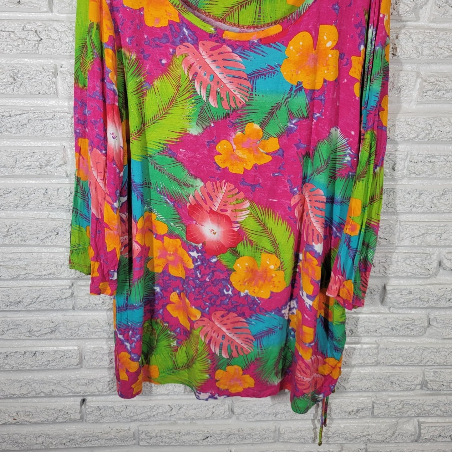 Palm Harbour Womens Top 2X Plus Tunic 3/4 Sleeve Pink Floral Casual Side Tie