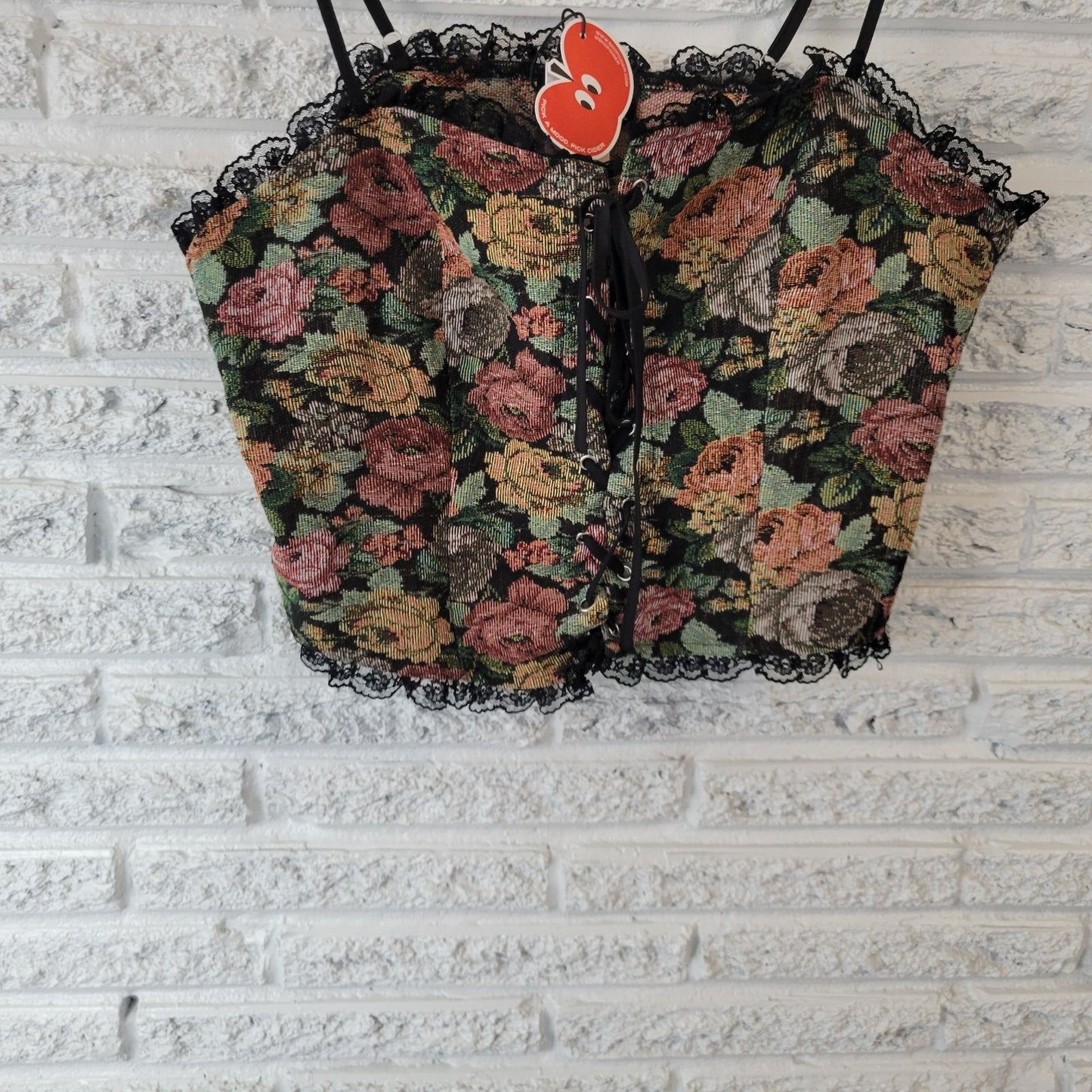 Cider Women Top 1XL Plus Corset Camisole Lace Up Floral Tapestry Spaghetti Strap