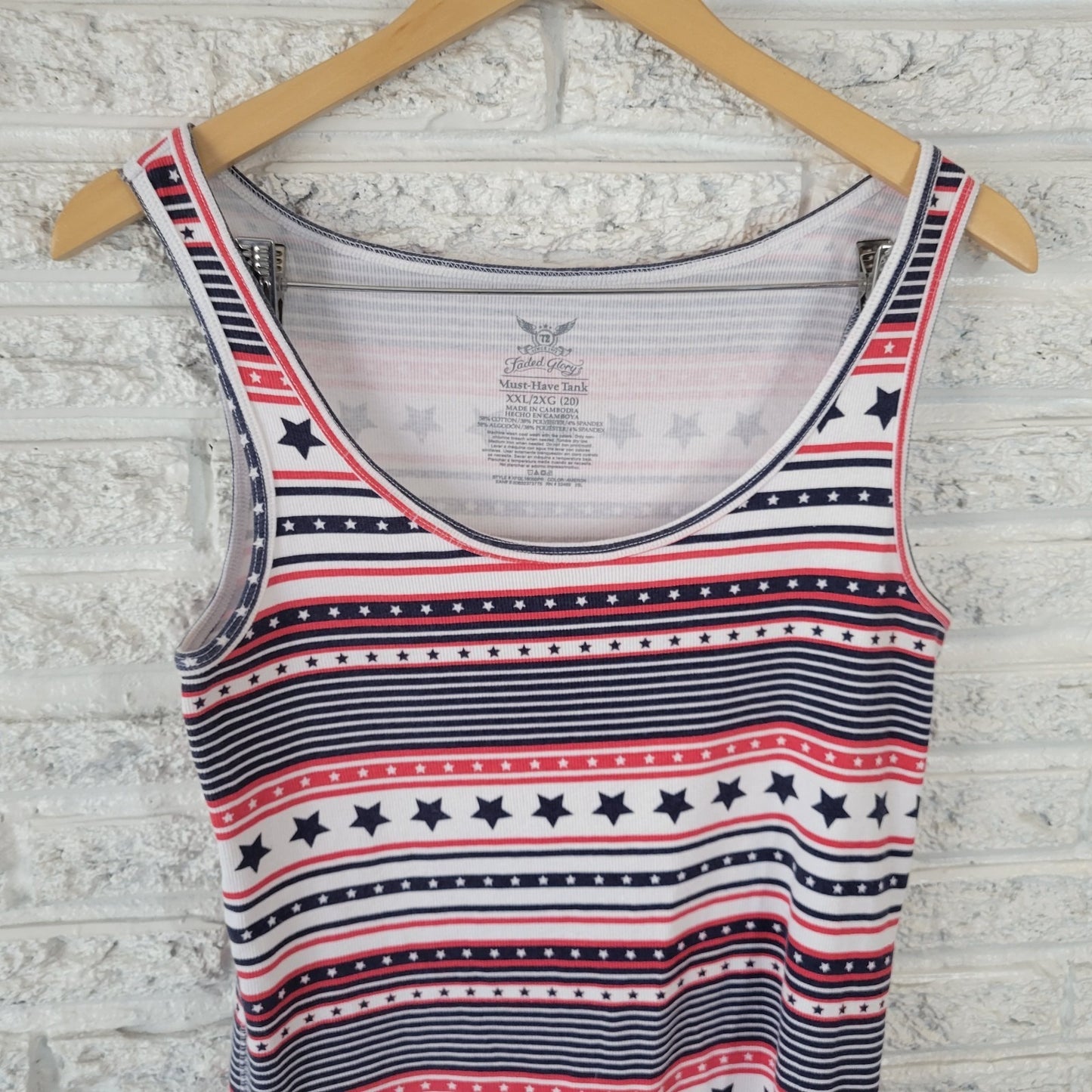 Fourth of July Faded Glory Womens Top XXL Plus Tank Knit Stars Stripes Blue Red