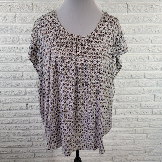 Liz Claiborne 2X Plus Size Top Brown Yellow Geometric Pleated Short Sleeve