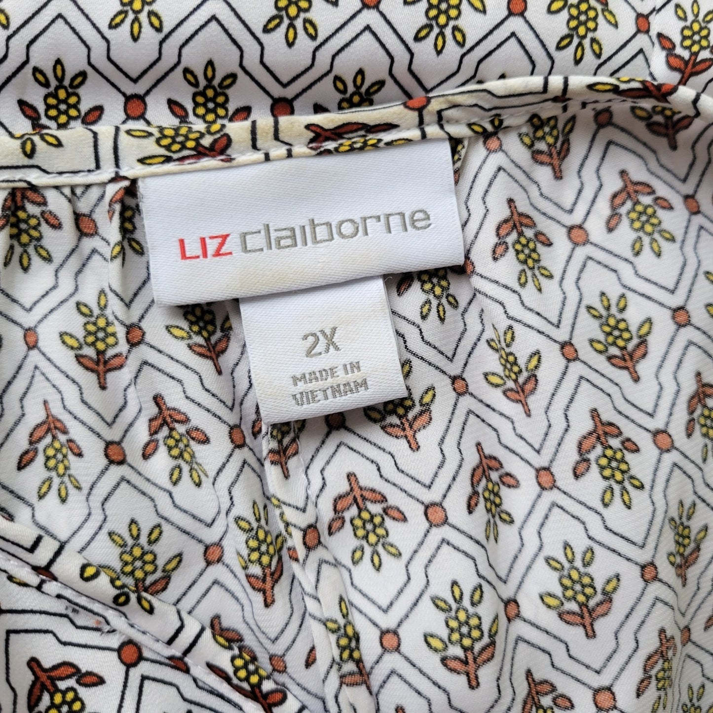 Liz Claiborne 2X Plus Size Top Brown Yellow Geometric Pleated Short Sleeve