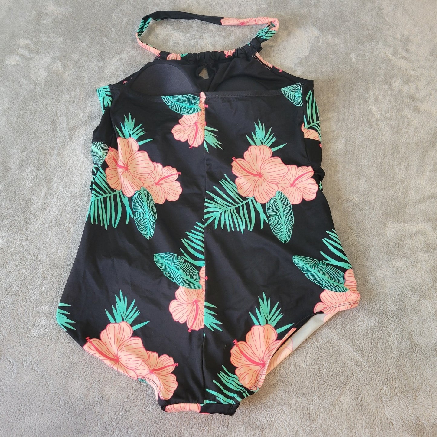 Crane Womens Swimsuit XXL Plus One Piece Halter Pink Black Floral Bra Keyhole
