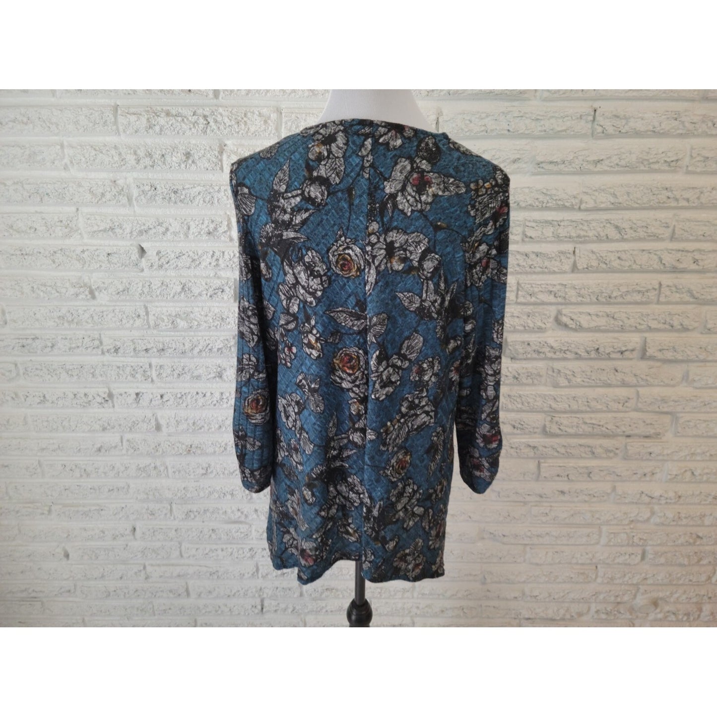 Apt 9 Women Top XXL Plus Tunic 3/4 Sleeve Ruched Blue Floral Poly Blend Keyhole