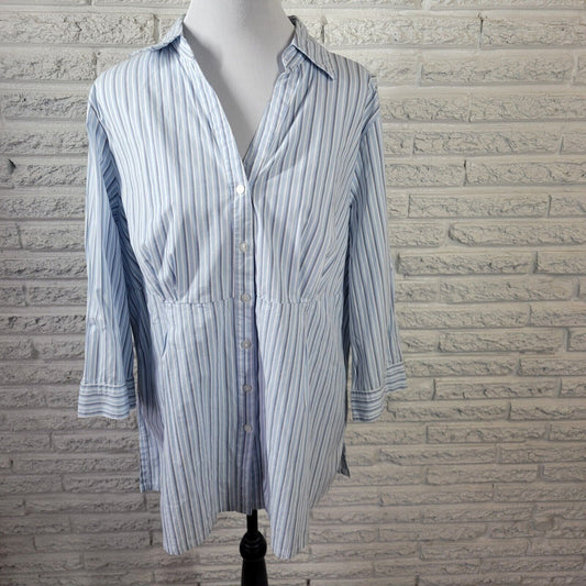 Basic Editions Womens Top 1X 3/4 Sleeve Collar Blue Stripe Button Up Lightweight