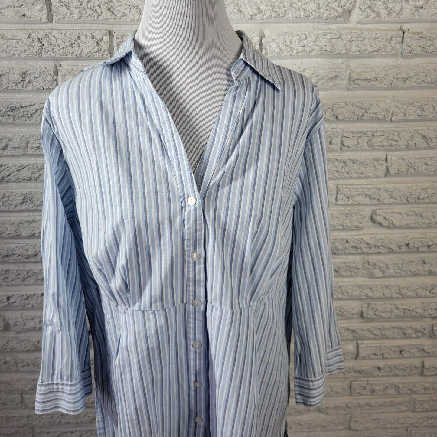 Basic Editions Womens Top 1X 3/4 Sleeve Collar Blue Stripe Button Up Lightweight