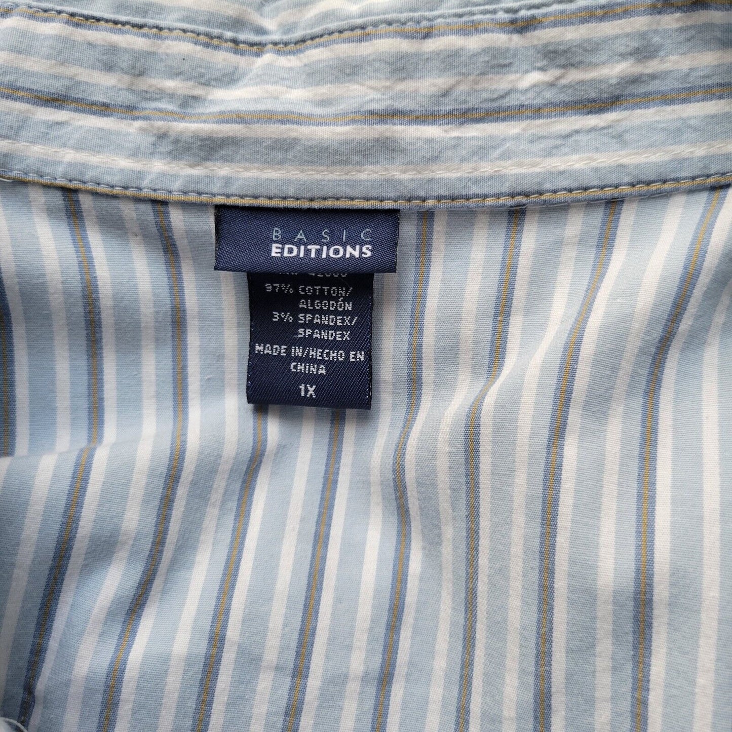 Basic Editions Womens Top 1X 3/4 Sleeve Collar Blue Stripe Button Up Lightweight