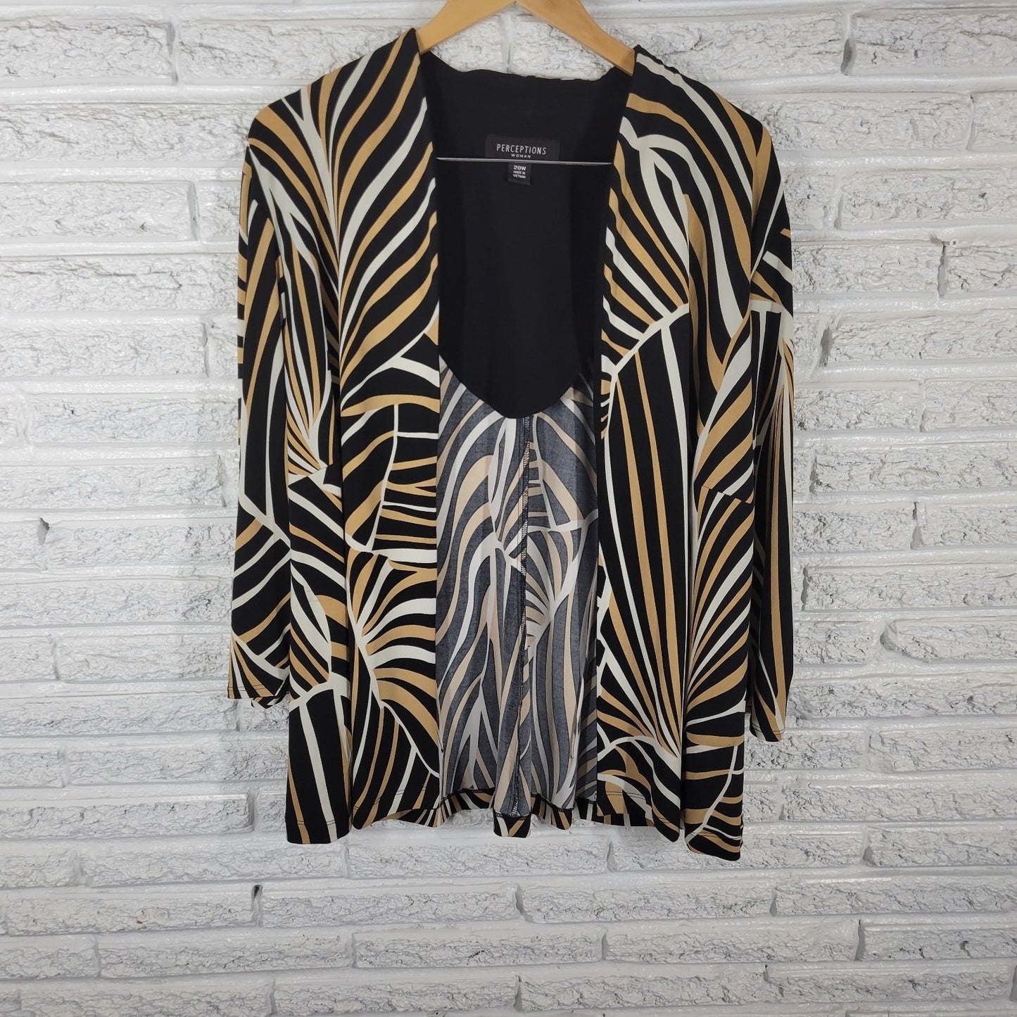 Perceptions Womens Top 20W Plus Cardigan Open Tan Black Geometric Poly Blend