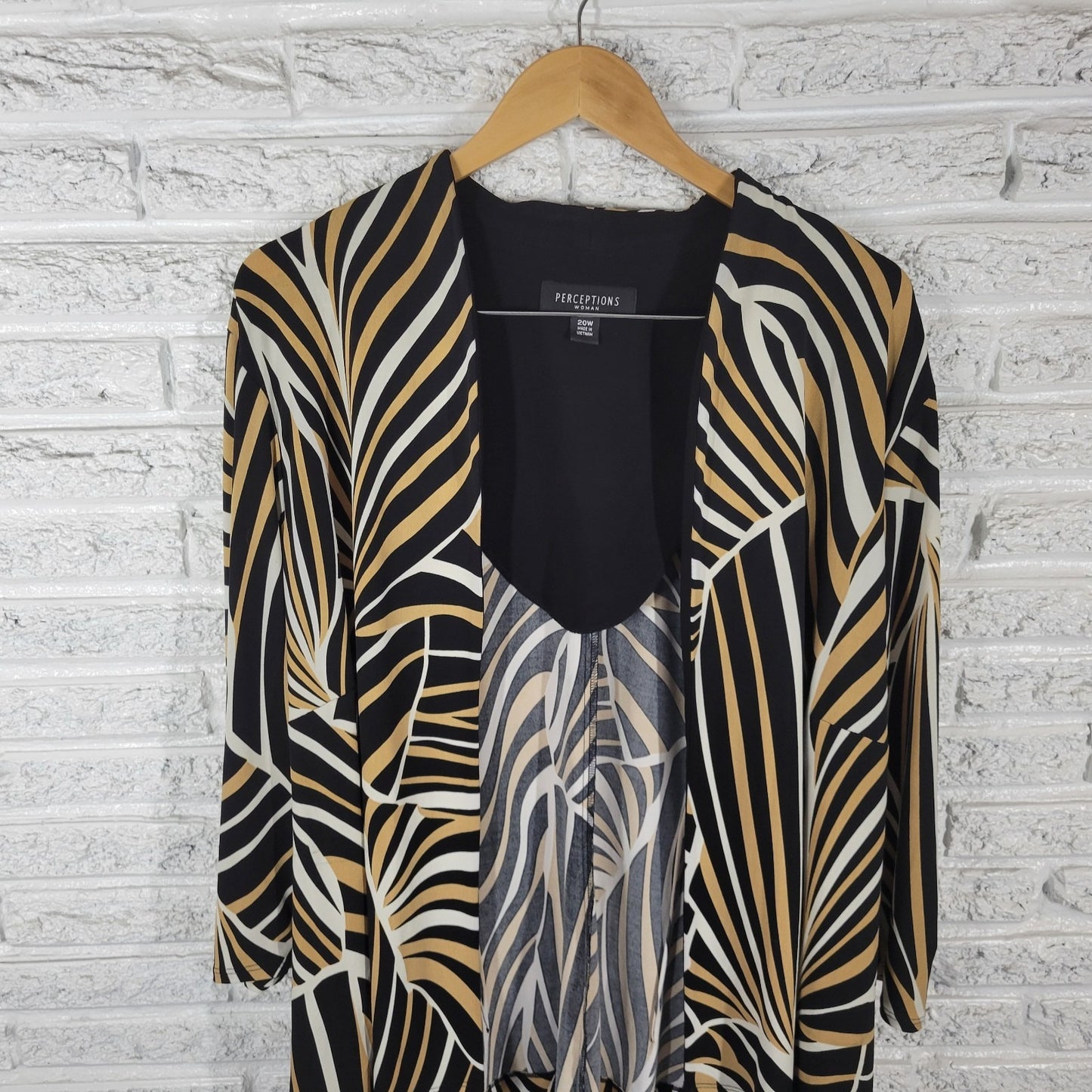 Perceptions Womens Top 20W Plus Cardigan Open Tan Black Geometric Poly Blend