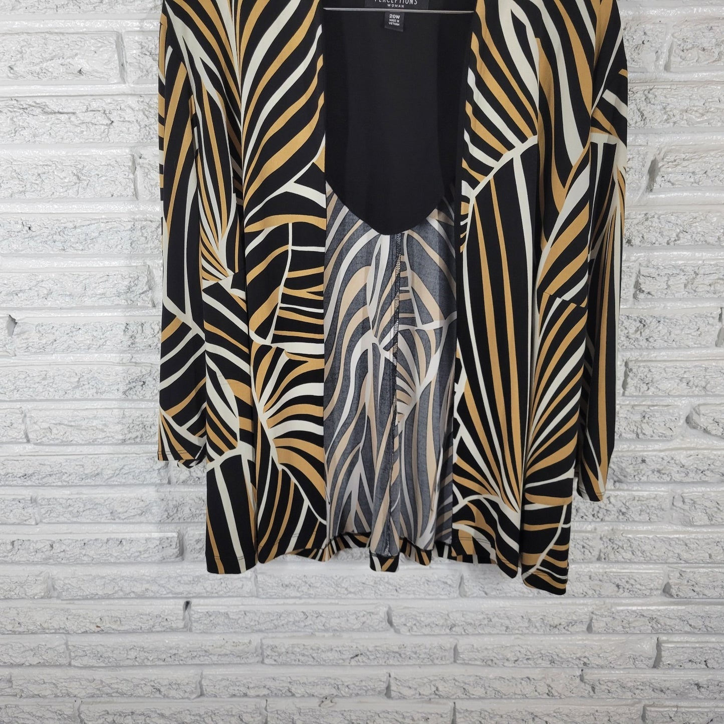 Perceptions Womens Top 20W Plus Cardigan Open Tan Black Geometric Poly Blend