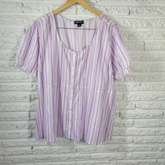 Soft Focus Womens Top 20W Plus Puff Sleeve Purple Stripe Lightweight Cotton