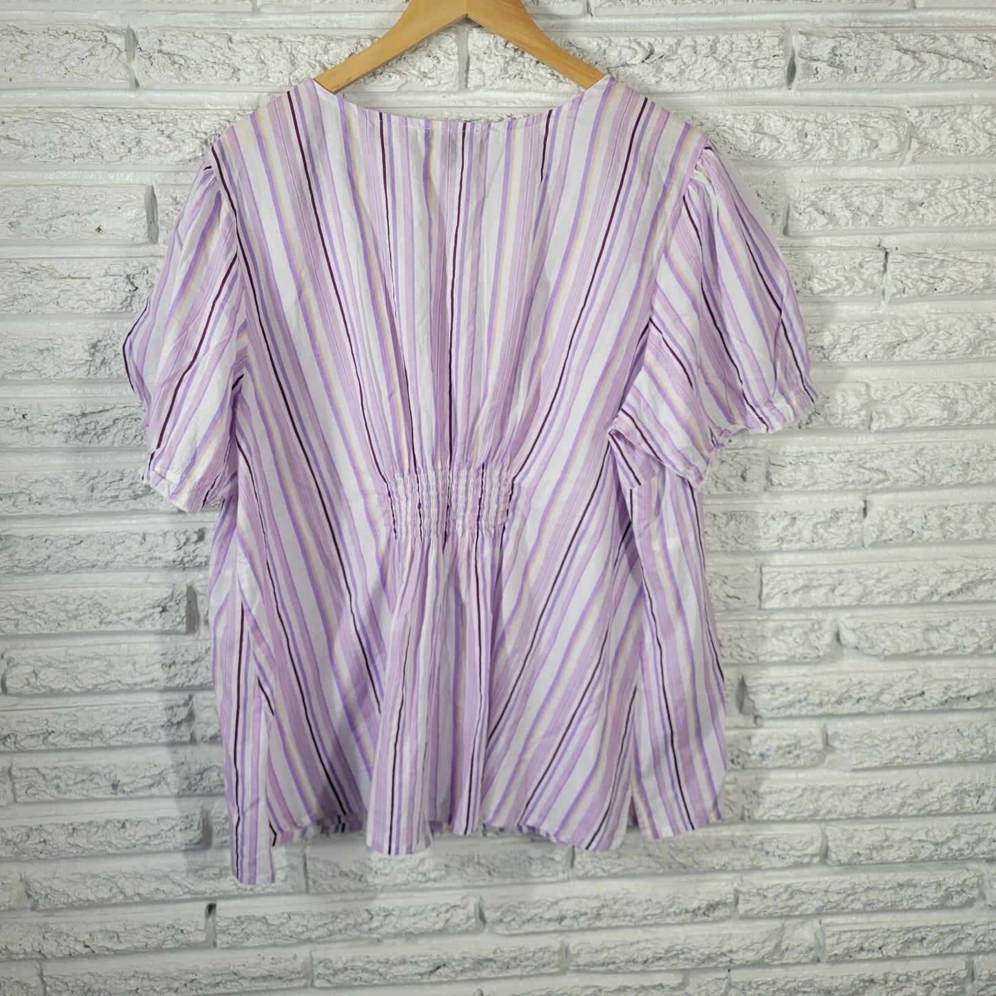 Soft Focus Womens Top 20W Plus Puff Sleeve Purple Stripe Lightweight Cotton