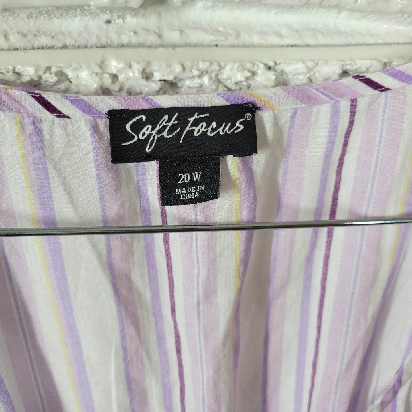 Soft Focus Womens Top 20W Plus Puff Sleeve Purple Stripe Lightweight Cotton
