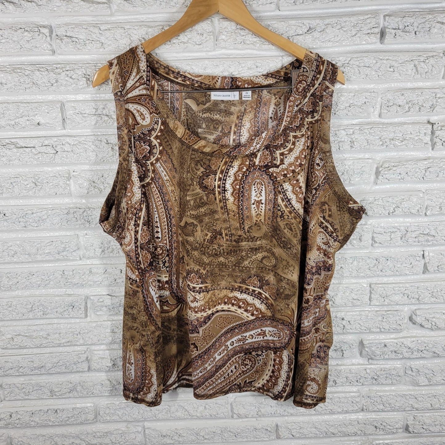 Susan Graver QVC Womens Top 2X Plus Tank Brown Paisley Polyester Sheer Office