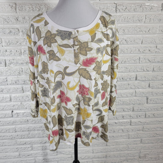 Laura Scott Womens Top 2X Plus Knit 3/4 Sleeve Cotton Blend Green Red Floral