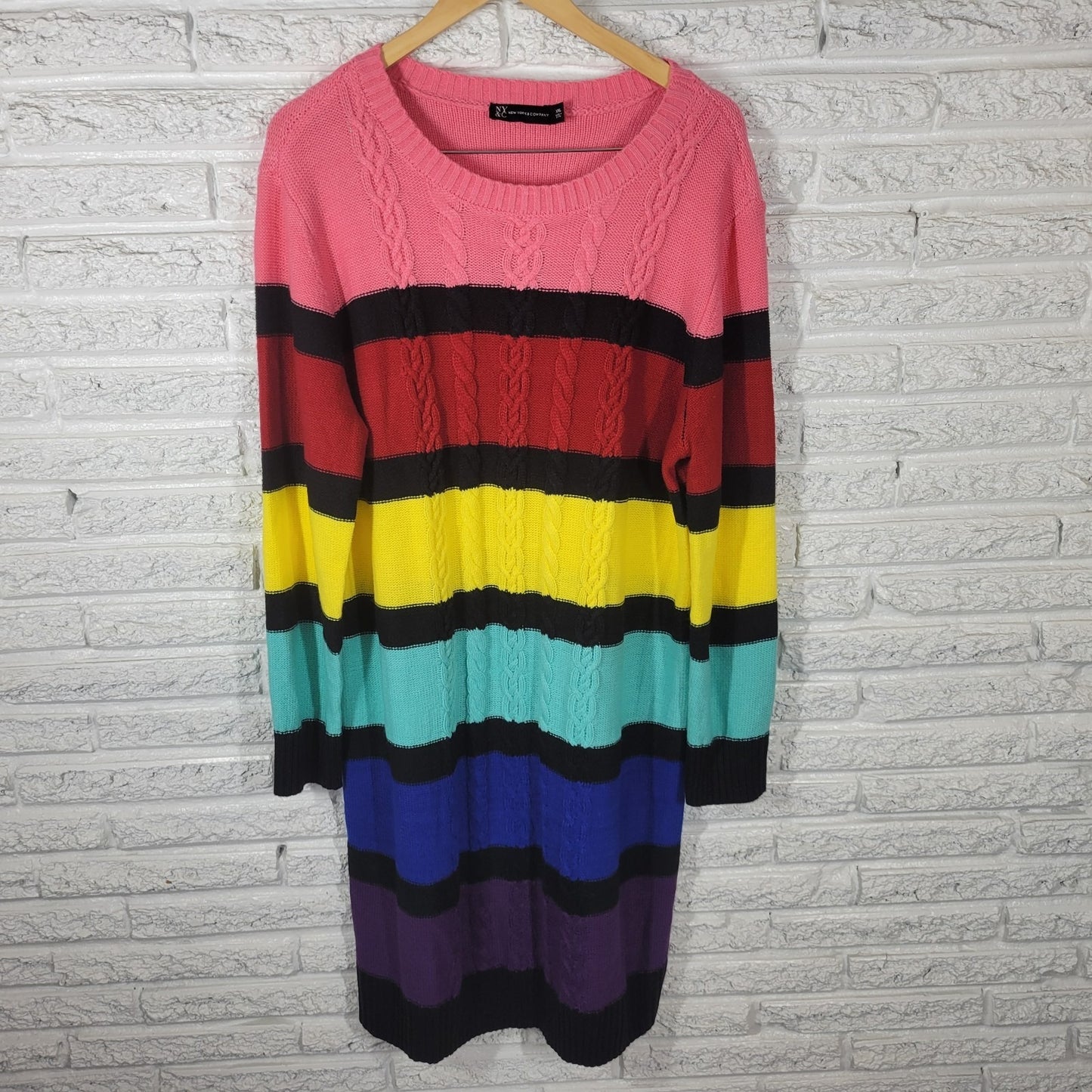 New York Co Womens Dress XXL Plus Sweater Long Sleeve Cable Knit Rainbow Acrylic