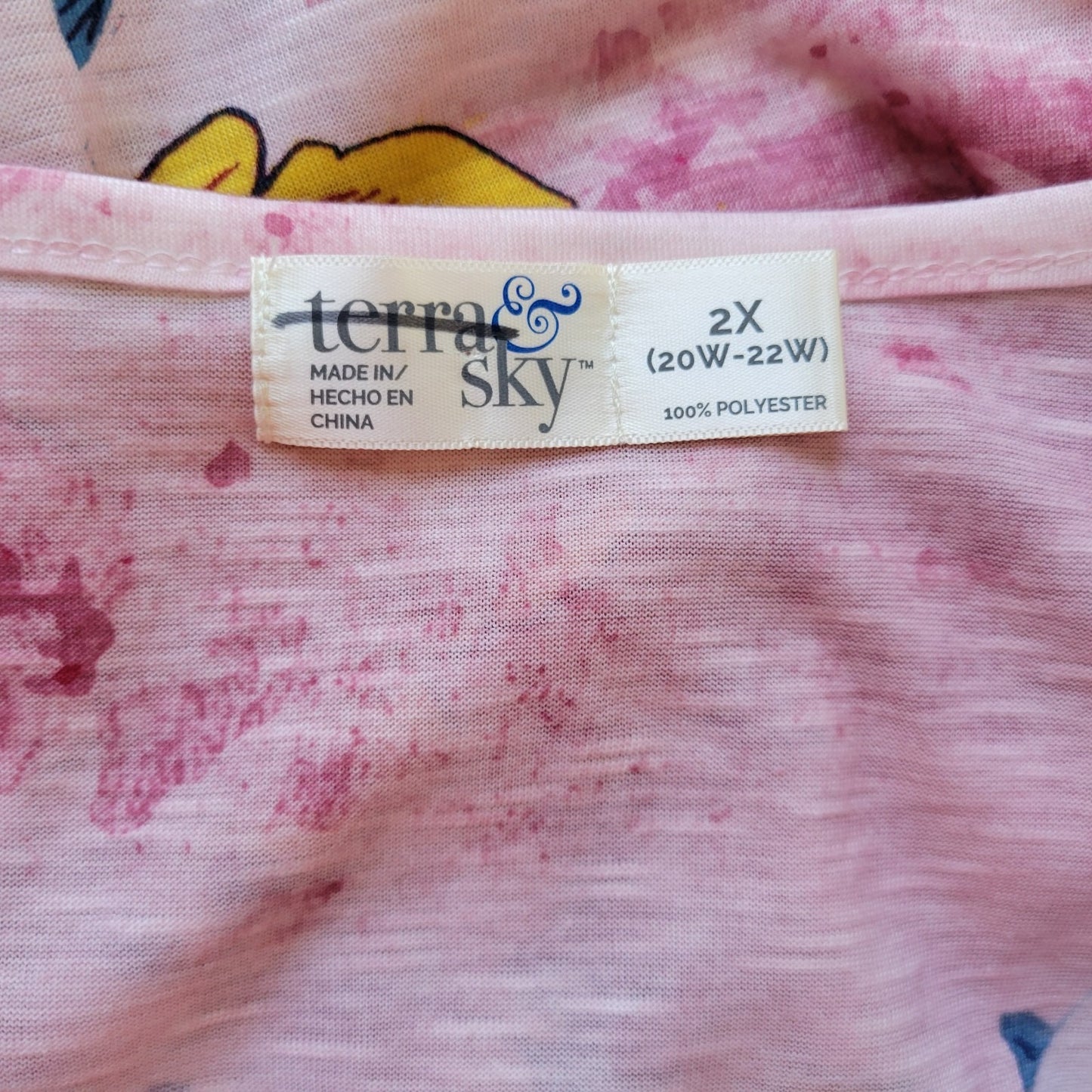 Terra Sky Womens Top 2X Plus Tee Flutter Sleeve Lightweight Pink Floral Studded