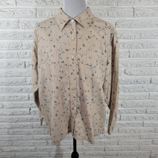 Cherokee Womens Top 20W Plus Long Sleeve Beige Blue Floral Pockets Cotton Button
