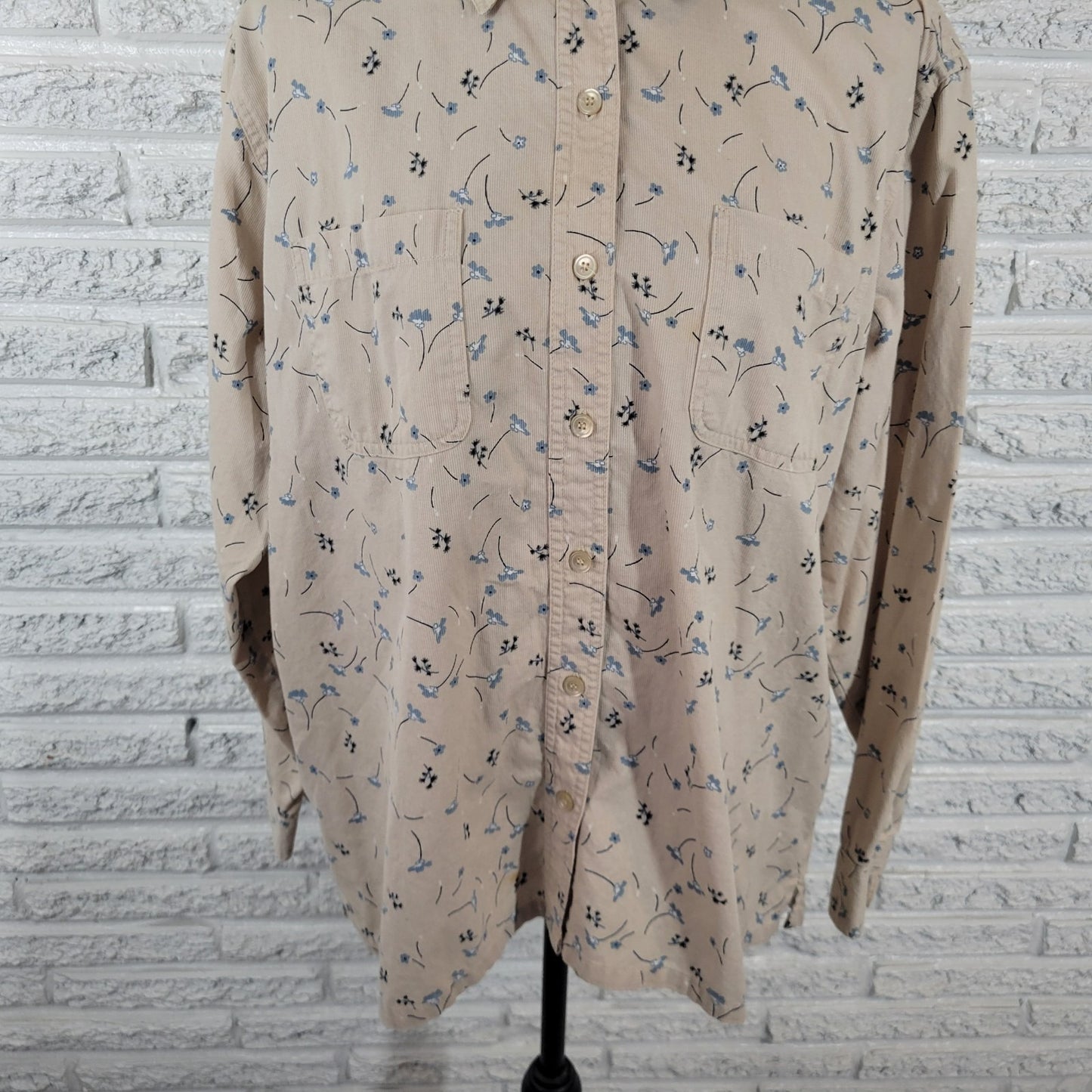 Cherokee Womens Top 20W Plus Long Sleeve Beige Blue Floral Pockets Cotton Button