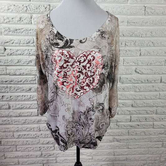 Style Co Womens Top Extra Large Lace Sleeve Heart Gray Pink Paisley Metallic