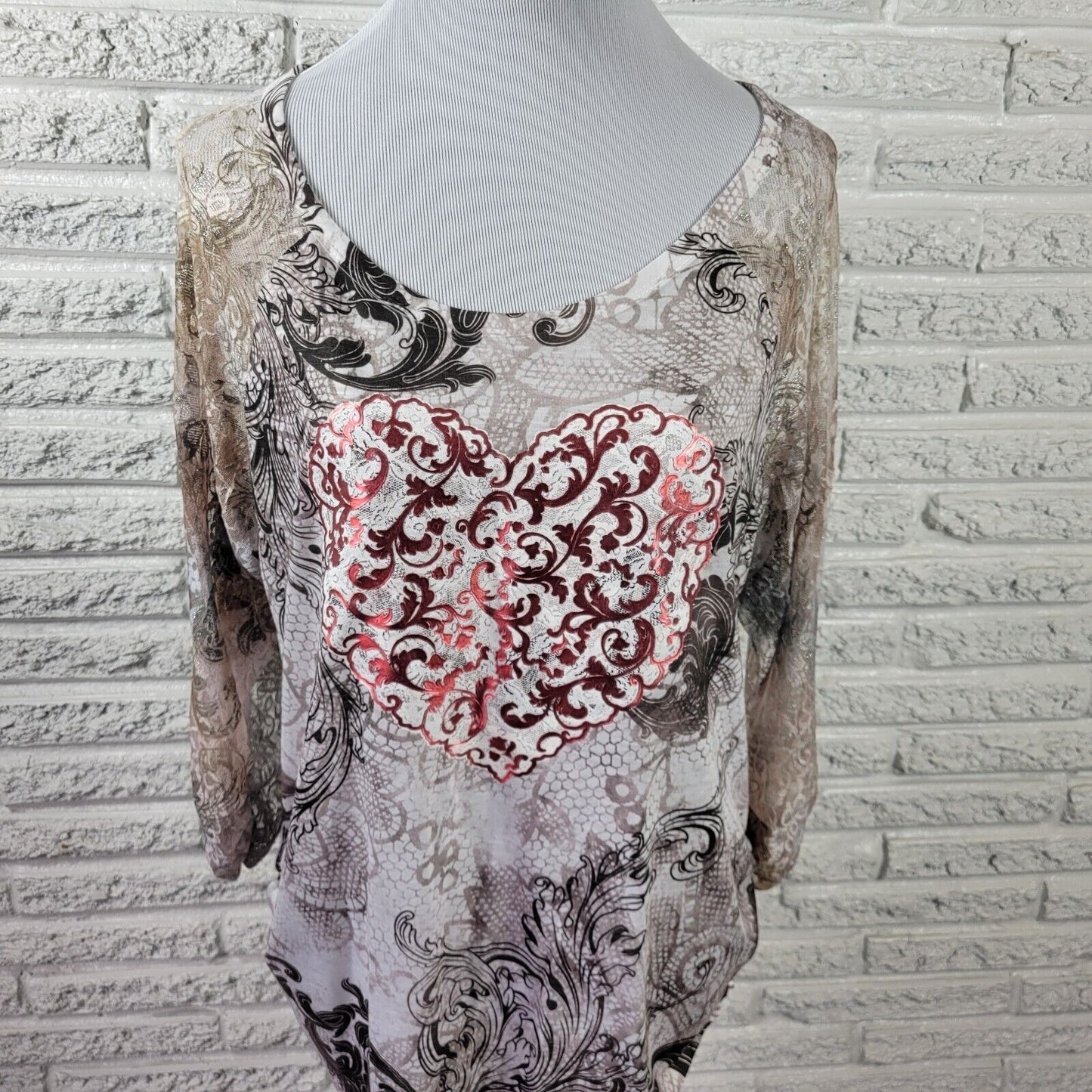 Style Co Womens Top Extra Large Lace Sleeve Heart Gray Pink Paisley Metallic