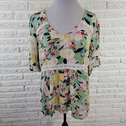 Suzanne Betro XL Women Top Green Yellow Floral Crochet Rayon 3/4 Sleeve Boho