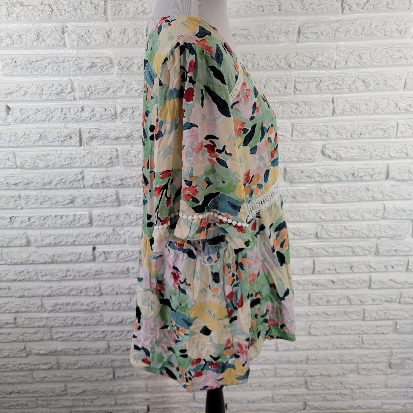 Suzanne Betro XL Women Top Green Yellow Floral Crochet Rayon 3/4 Sleeve Boho