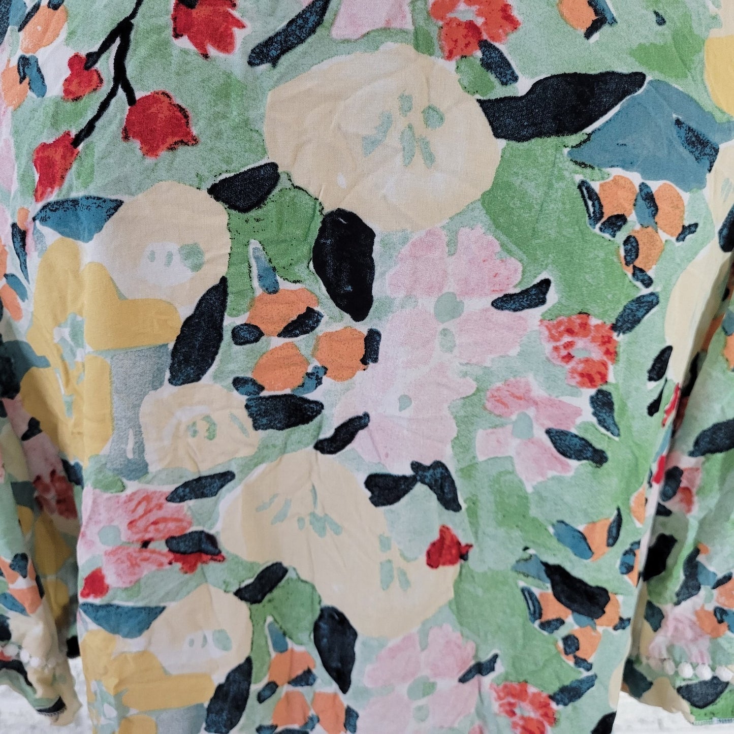 Suzanne Betro XL Women Top Green Yellow Floral Crochet Rayon 3/4 Sleeve Boho