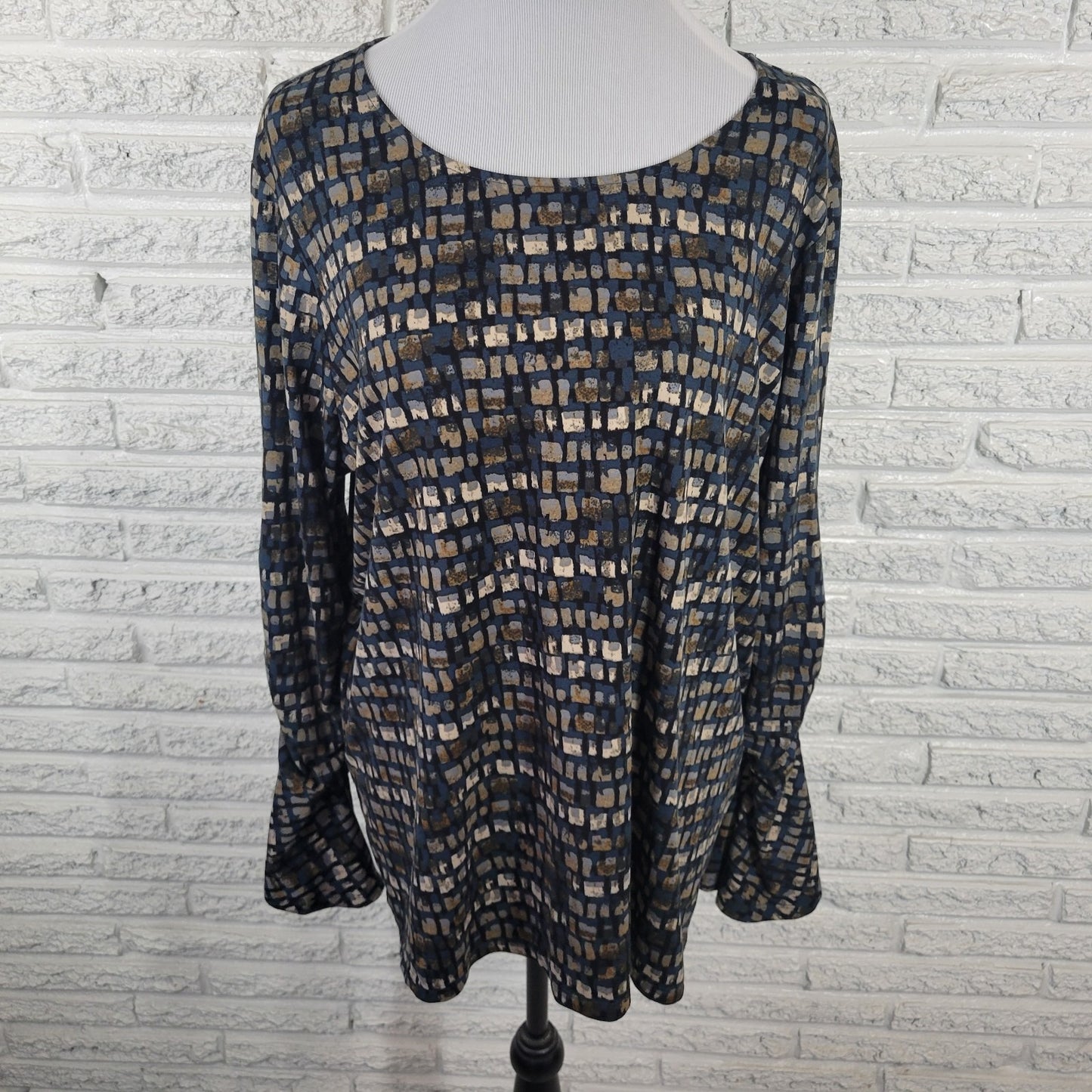 Susan Graver QVC Women's XL Blue Brown Geometric Blouse Ruched Bell Sleeve