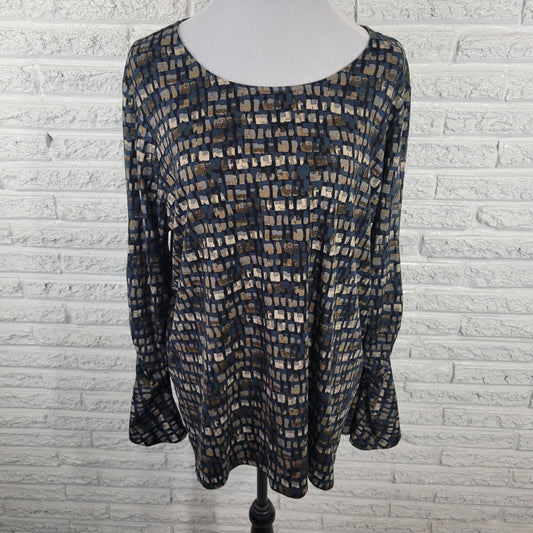 Susan Graver QVC Women's XL Blue Brown Geometric Blouse Ruched Bell Sleeve