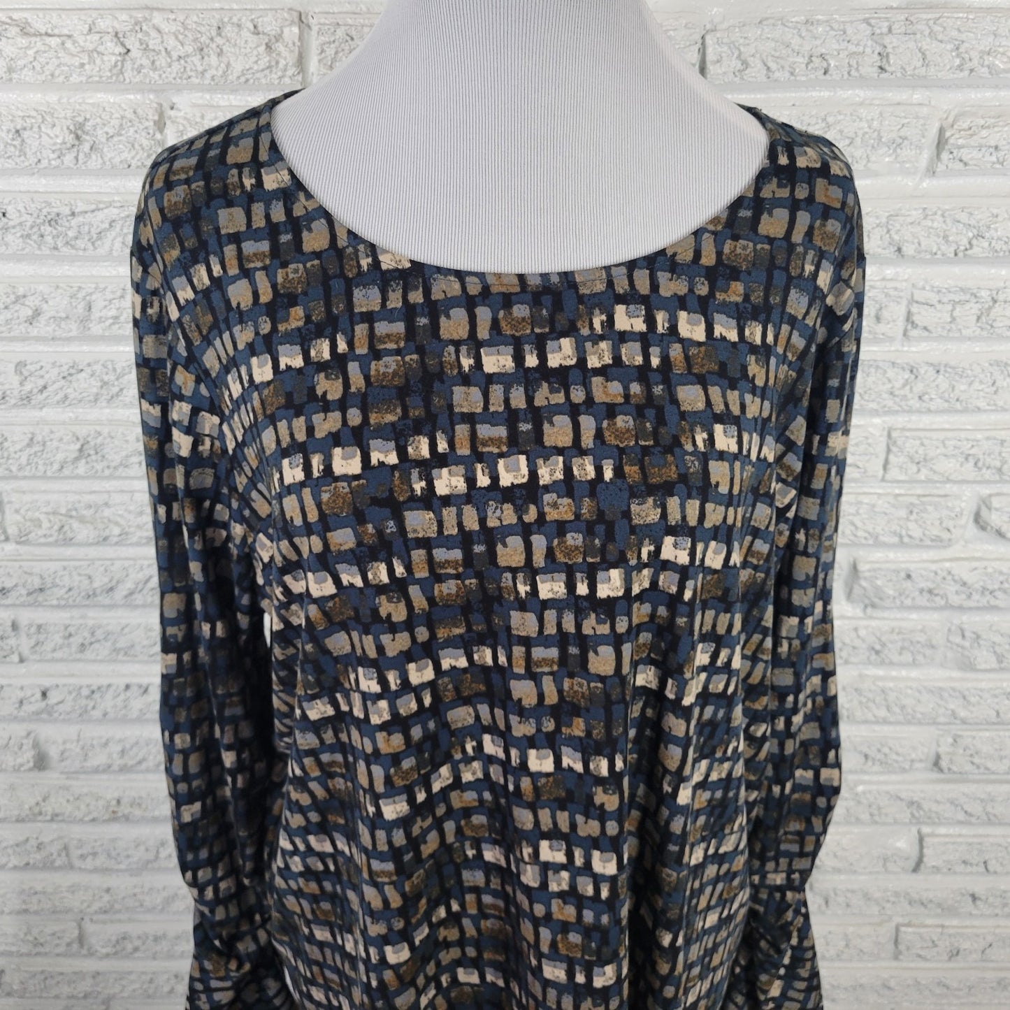 Susan Graver QVC Women's XL Blue Brown Geometric Blouse Ruched Bell Sleeve