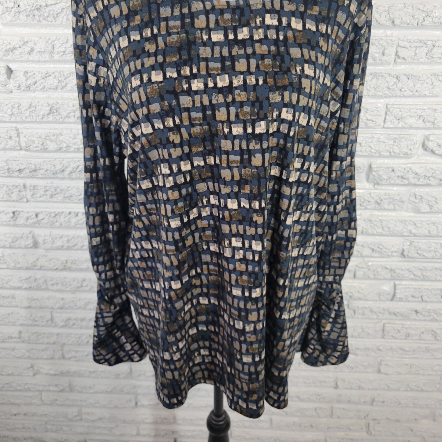 Susan Graver QVC Women's XL Blue Brown Geometric Blouse Ruched Bell Sleeve