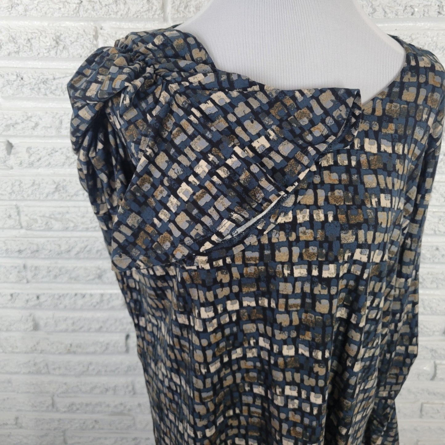 Susan Graver QVC Women's XL Blue Brown Geometric Blouse Ruched Bell Sleeve