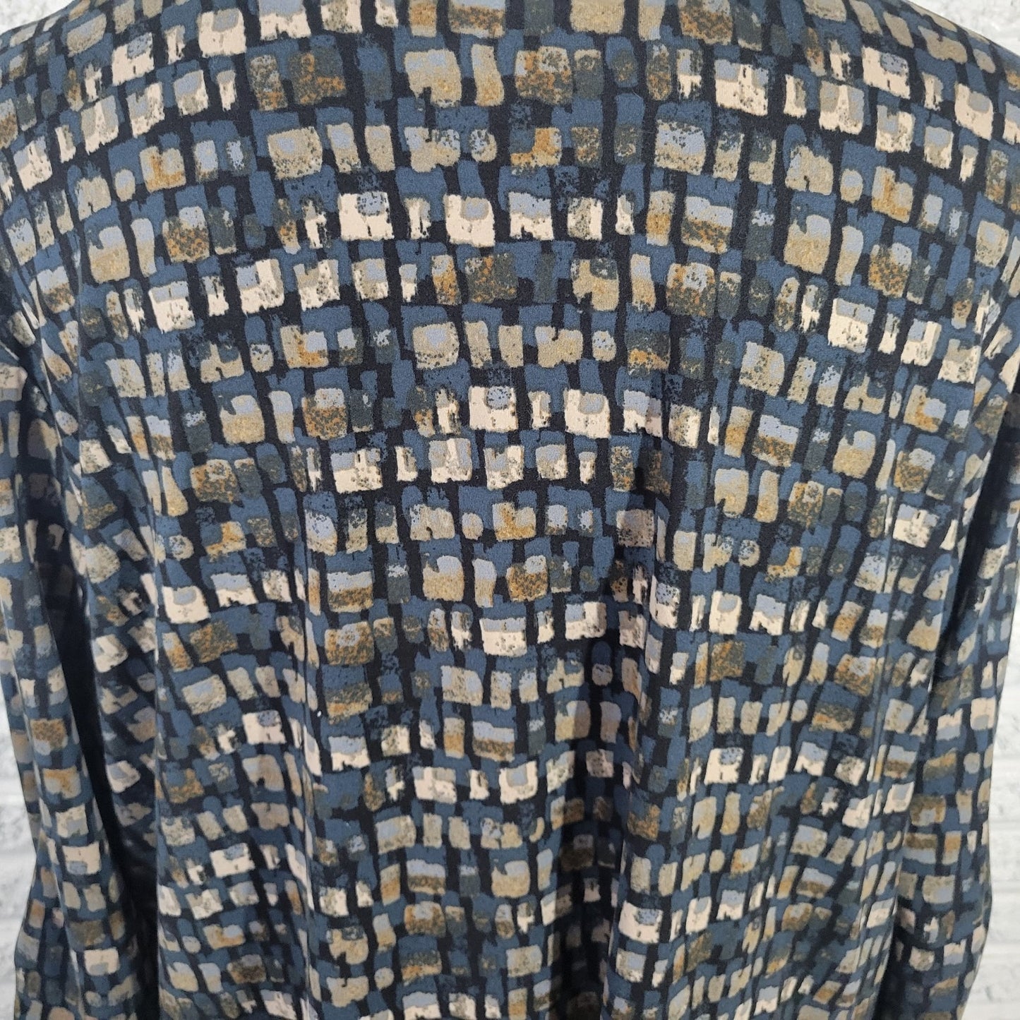 Susan Graver QVC Women's XL Blue Brown Geometric Blouse Ruched Bell Sleeve