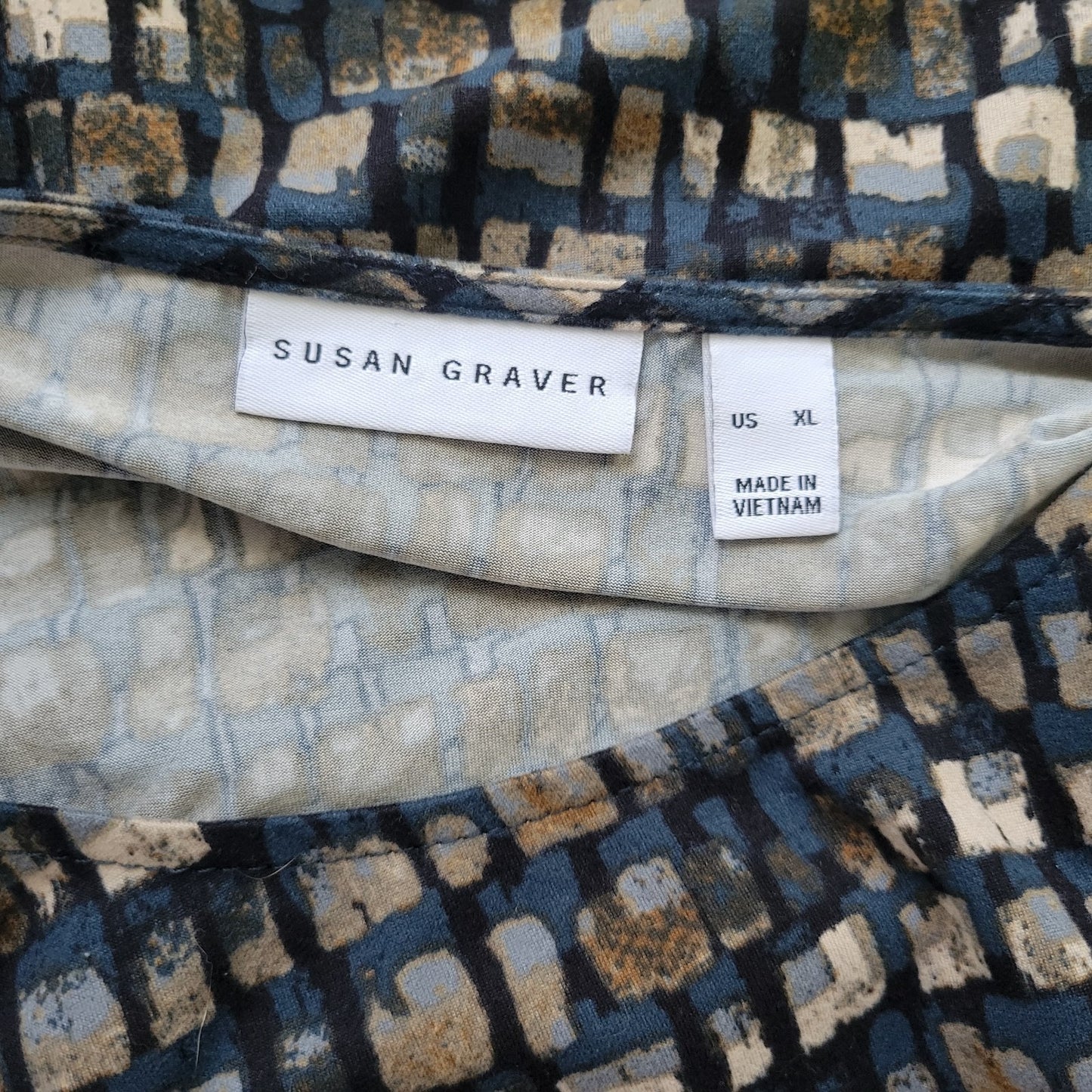 Susan Graver QVC Women's XL Blue Brown Geometric Blouse Ruched Bell Sleeve